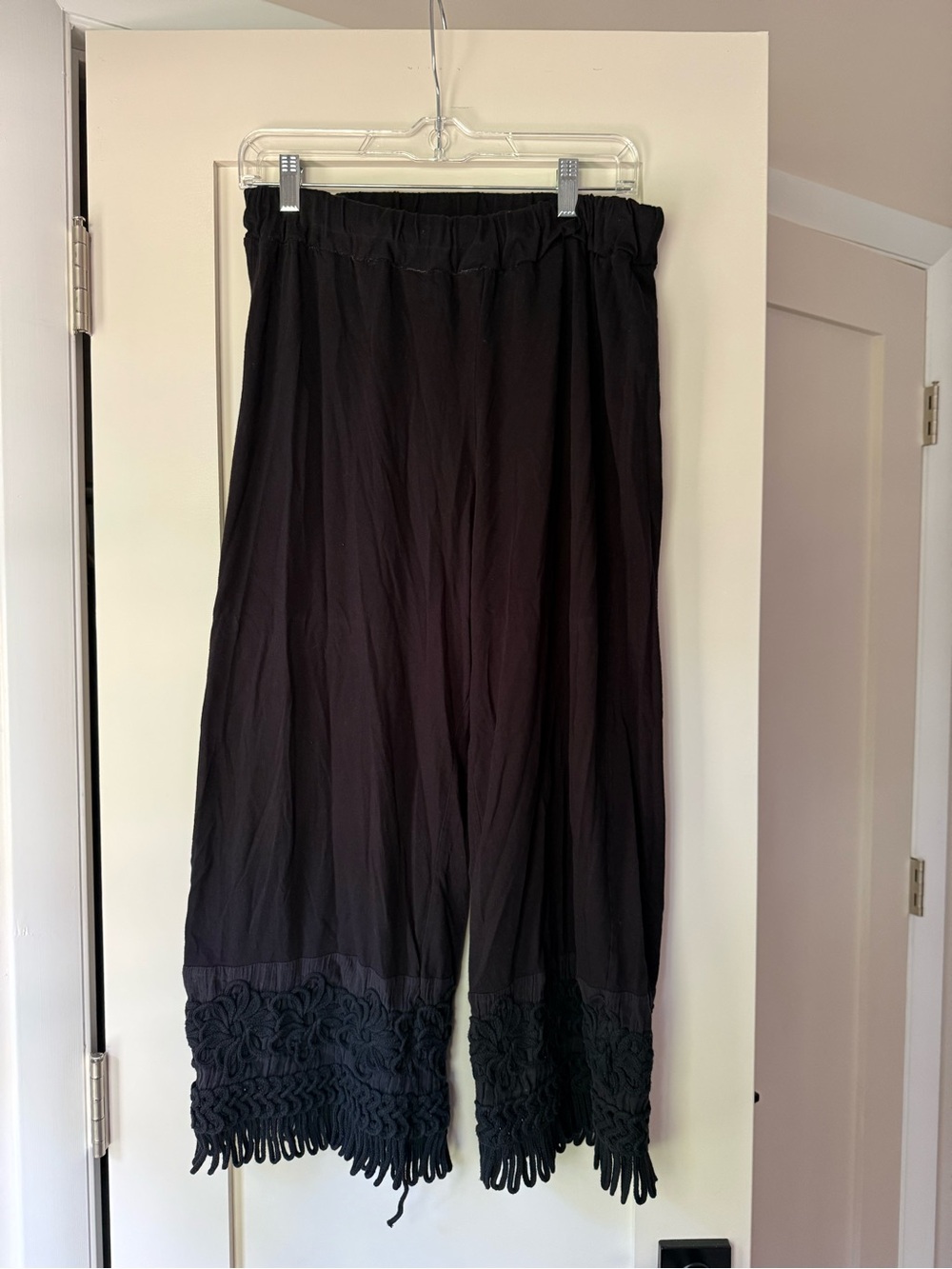 Black Wide-Leg Pants with Crochet Fringe Hem